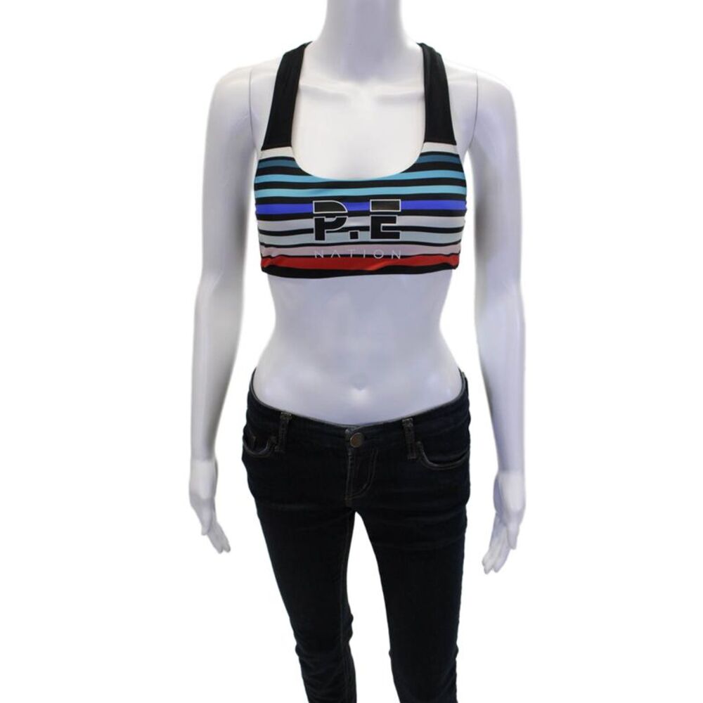 PE Nation Womens Striped Scoop Neck Racerback Sports Bra Black Multicolor Sz XS